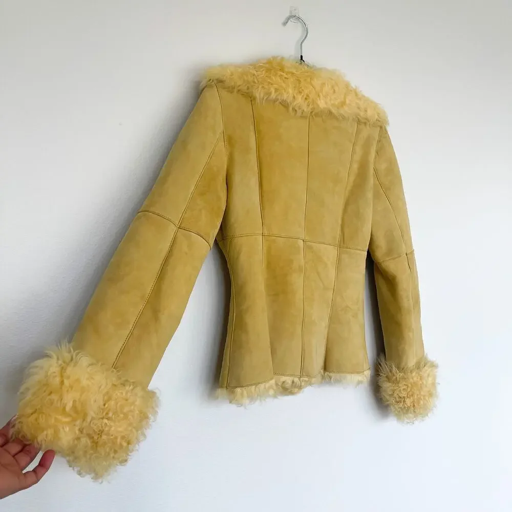 New Label SheepSkin Cream Yellow Leather Button Up shearling Jacket